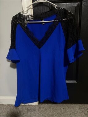 SHEIN Royal Blue V-Neck Lace Yoke Flutter Sleeve Blouse